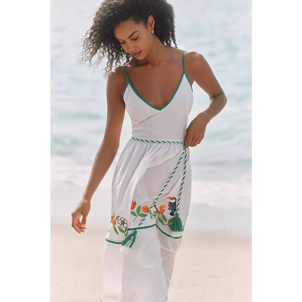 New Anthropologie Celandine Floral Embroidered Midi Dress $148 LARGE Ivory Cord - Picture 2 of 6